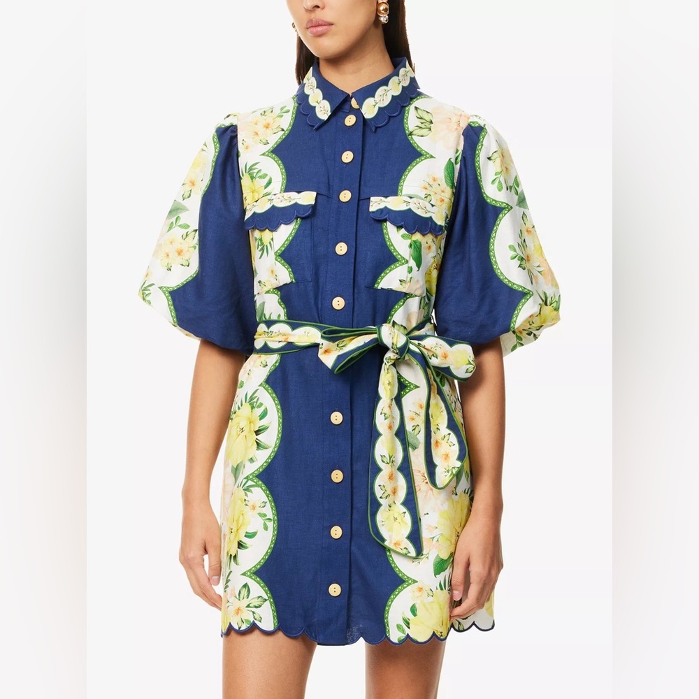 FARM Rio Navy Blue Floral Mini Dress with Yellow & Green Accents Sz L